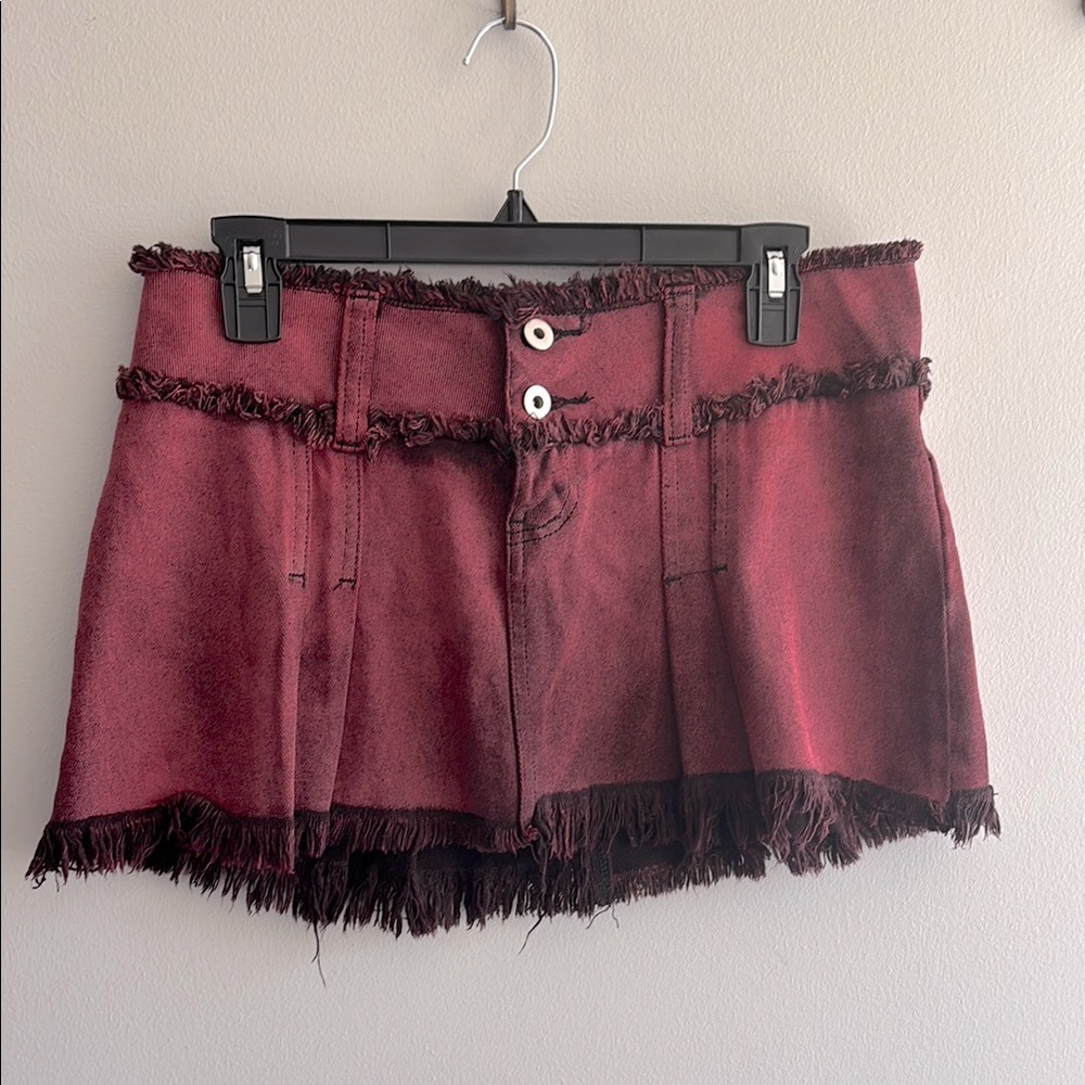 I.AM.GIA. red distressed fringe denim look mini pleated skirt